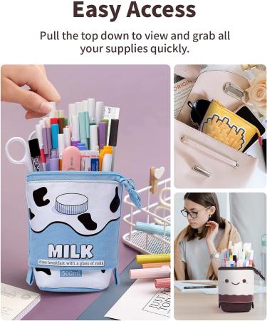 Sooez Standing Pencil Case Cute Milk Pop Up Pencil Case Durable Pen Pouch Telescopic Pencil Holder Case Kawaii Stand Up Pencil Case Spacious Pencil Pouch Portable Pencil Bag for School Office Blue - Milk - Buy Online on GoSupps.com