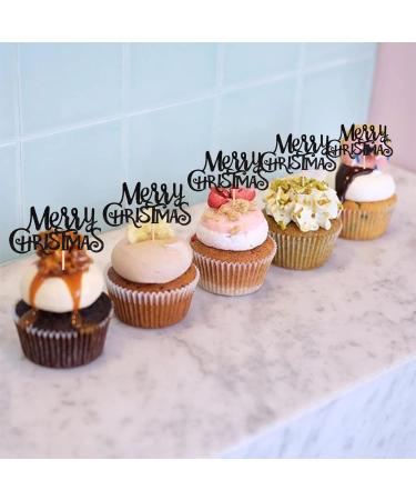 Pack of 24 Merry Christmas Cupcake Toppers Glitter Merry Christmas Cake Toppers Merry Christmas Xmas Theme Party Cake Decorations Accessories Black Colour 5 - Buy Online on GoSupps.com