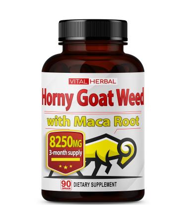 Horny Goat Weed Capsules Equivalent to 8250mg Maximum Strength with Maca Root Tribulus Ashwagandha Tongkat Ali Panax Ginseng for Men Women - 3 Months Supply 90 Count (Pack of 1)