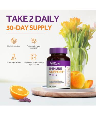Whollium Immune Support Capsules - Elderberry with Vitamin C, D3, Zinc, Selenium, Echinacea, Garlic, Ginger & Black Pepper for Antioxidant Boost - 60 Vegetarian Caps - Buy Online on GoSupps.com