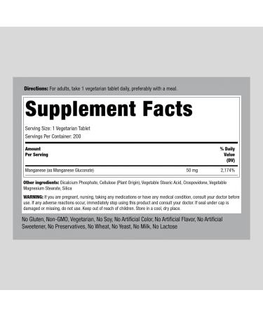 Chelated Manganese 50mg - 200 Tablets | Manganese Gluconate Supplement | Vegetarian, Non-GMO, Gluten-Free - Buy Online on GoSupps.com