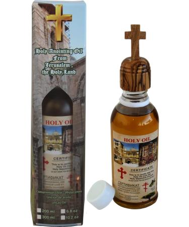 Holy Land Market Holy Anointing Oil from Jerusalem - Holy Sepulcher 200ml Special Box with Certificate Olive Wood Cross on top Holy Oil from Jerusalem 7 Fl Oz (Pack of 1)