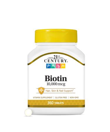 21st Century Biotin 10 000 mcg Tablets (360 Count) High Potency Biotin Supplement Supports Hair Skin & Nail Health Gluten & Sugar-Free Daily Vitamin B7 Supplement Non-GMO