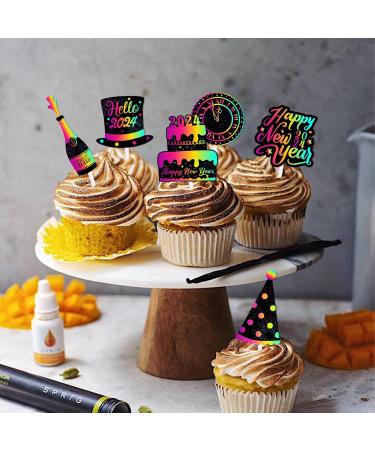 LETLIMIT 18pcs Colorful Glitter Dessert Cupcake Topper Happy New Year 2024 Theme Decorations New Years Eve Wedding Winter Party Decor Supplies - Buy Online on GoSupps.com