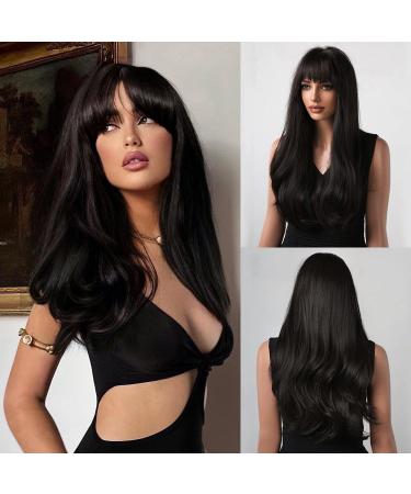 Honybia wig black with bangs - black wigs for women curly wavy waved women natural realistic synthetic heat -resistant hair for carnival/costumes/theme party Lang Black Pony
