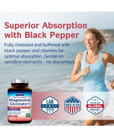 Innate Vitality Magnesium Glycinate Complex 420mg Elemental Magnesium Per Serving Enhanced Absorption Black Pepper Vitamin D3 & B6 Sleep Mood Bone Nerve Support 180 Caps - Buy Online on GoSupps.com