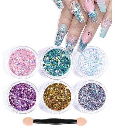 LEEQBCR LEEQBCR 1 set of 6 colors of glitter for gel nails chrome nails with transparent glitter gel glitter