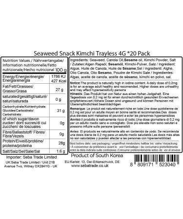 Choi's 1 Algues grill es sans coquille Saveur Kimchi paquet de 20 (4 g chacune) | Emballage cologique sans coquille Snack cor en pic base de nori sans gluten v g talien - Buy Online on GoSupps.com
