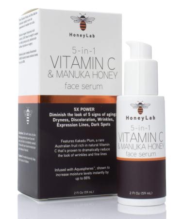 HoneyLab Vitamin C Face Serum with Hyaluronic Acid  Manuka Honey and peptides. Anti-aging serum contains Marine extracts that soften the look of dark spots  wrinkles and fine lines. 2oz bottle.