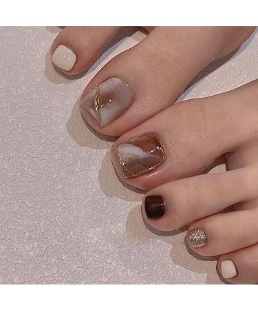 False Toe Nails - Square Short Acrylic Stick on Toes - 24Pcs Press on Nails for Feet Black Brown Amber Design - Fake Nails with Glue & Jelly Glue for Women and Girls Brown with Marble Design