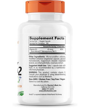 Doctor's Best Natural Vitamin K2 MK-7 (45 mcg) - 180 Veggie Caps | Supports Bone & Heart Health - Buy Online on GoSupps.com
