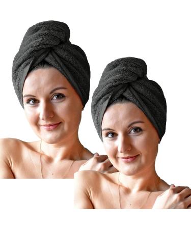 Homelevel 2x Terry Hair Turban with Button - Quick Drying 100% Cotton Hair Towels - Anthracite Set - Perfect for International Shipping - Buy Online on GoSupps.com
