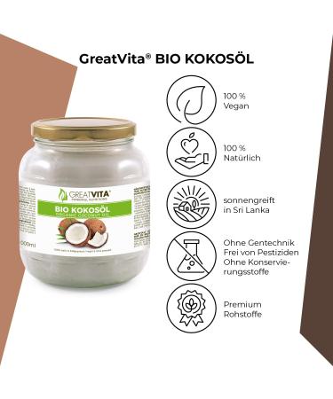 GreatVita Organic Virgin Coconut Oil 1000ml - Premium Glass Jar for Cooking Baking Skin & Hair Care - Buy Online on GoSupps.com