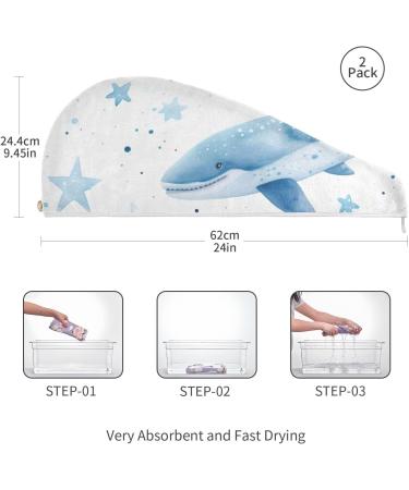 Blue Whales Star Hair Towel 2 Pack - Super Absorbent & Quick Dry Hair Turbans for Women & Girls - Buy Online on GoSupps.com