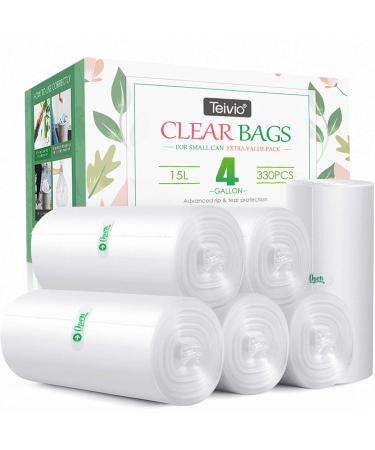 330 Counts Strong Trash Bags Garbage Bags by Teivio, Bathroom Trash Can Bin Liners, Small Plastic Bags for home office kitchen (4 Gallon, Clear) Clear 4.0 Gallons
