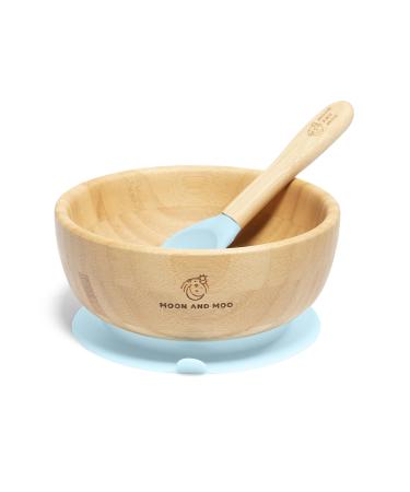 Moon and Moo Bamboo Suction Bowl and Spoon Set for Kids Toddlers and Baby Weaning - Non-Toxic Plastic Free - Stay Put - Baby Suction Bowl - Baby Weaning Set Light Blue