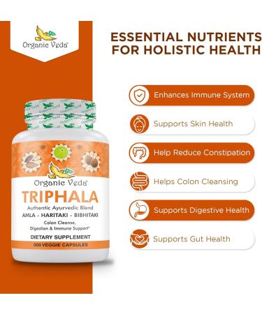 Organic Veda Triphala Powder 300 Capsules 1000mg - Organic Triphala Supplement for Colon Cleanse Immune Gut & Digestion Health - Whole Green Antioxidants Amla Haritaki & Bibhitaki - Vegan Pills - Buy Online on GoSupps.com