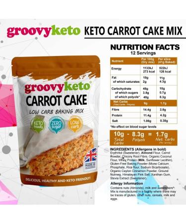 Groovy Keto Carrot Cake Mix | Low Carb, Sugar Free | Only 1.7g Net Carbs Per Slice | Diabetic Friendly | 260g Pouch - Buy Online on GoSupps.com