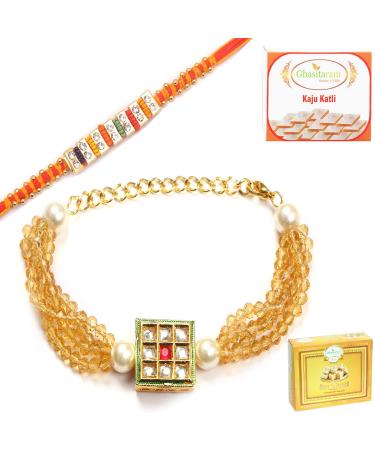Ghasitaram Gifts Rakhis Online - Rakhi for Brother-T-19 Bhaiya Bhabhi Rakhi with 200 GMS of Kaju katli and 200 GMS of Soan Papdi Rakhi Set with 200 gms of Kaju katli & Soan Papdi