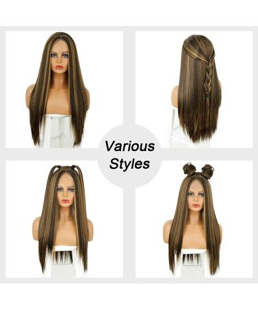 28 Inch Long Straight Highlights Wig for Black Women - Brown Mixed Blonde Synthetic Hair - Heat Resistant Fibre - Ideal for Daily & Party Use - Buy Online on GoSupps.com