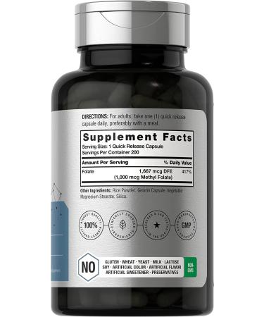 Methyl Folate 1000mcg 5-MTHF | 200 Capsules Folic Acid Supplement | Non-GMO Gluten Free | Horbaach - Buy Online on GoSupps.com