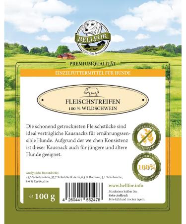 Bellfor Wild Boar Meat Strips Dog Treat Healthy Nature and is made without additives or flavor enhancers 100 g - Buy Online on GoSupps.com