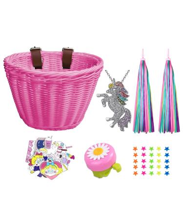 Kids Bike Basket, Wicker Basket, Handlebar Bicycle Basket for Girls with Unicorn Necklace, Bike Bell, Streamers, Stickers Bike Decoration Accessories Set Pink Set 2