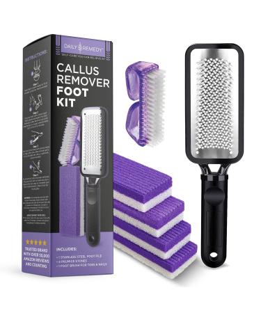DAILY REMEDY Foot Callus Remover Set - Includes 1 Stainless rasp Foot File, 4 Premium Pumice Stone and 1 Nail Brush, Best Foot Care Pedicure Tools to Remove Hard Dry Skin (Purple)