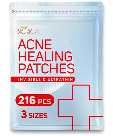 Acne Pimple Patches, Healing Invisible Acne Patches for Acne Treatment, Pimple Patch for all skin types, Hydrocolloid Acne Patches for face, Zit Patch, 216 pcs, 3 Sizes 216 transparent