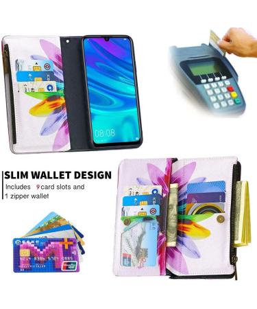 Miago Huawei Y6 2019 Wallet Case - 9 Card Slots Colorful Zipper Flip Cover Sunflower Design PU Leather Protective Case - Buy Online on GoSupps.com
