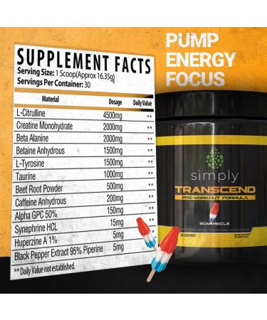 Simply Transcend Pre-Workout Powder - Creatine Beta-Alanine & Caffeine for Energy & Focus - Bombsicle Flavor 30 Servings - International Shipping Available - Buy Online on GoSupps.com