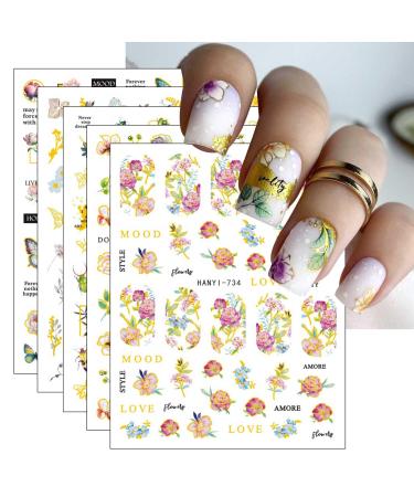 jmeowio JMEOWIO 9 Sheets Flower Nail Art Stickers Decals Self-Adhesive Spring Floral Colorful Letter Nail Supplies Nail Art Design Decoration Accessories