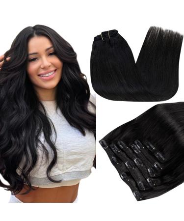 Runature black clip in extensions 45cm real hair clip in smooth hair 120g clip in extensions real hair black color #1b 7pcs 45cm-7PCs #1b