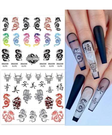 Dragon Snake Nail Art Stickers Decals - Red Black Gothic Design - Water Transfer Slider Manicure - Chinese Character Decor - 12 Sheets - Buy Online on GoSupps.com