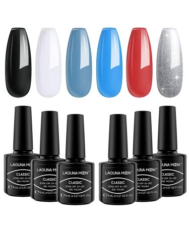 LagunaMoon Gel Nail Polish Set - 6 Colours Red Blue Grey Silver Glitter Black White High-Shine Kit Gel Polish for Salon Quality DIY Nails - UV LED Soak Off Lacquer Kit Varnish Manicure & Pedicure Pretty Little Fireworks | Salon-Grade Polish