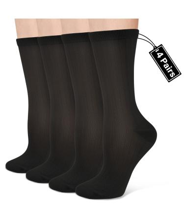 Compression Crew Socks for Women Thin Lightweight (15-20 mmHg) for Athletic Nurse Circulation Support Socks, 4 Pairs Black Large-X-Large
