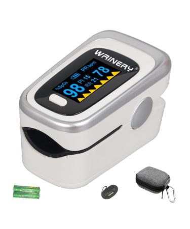 WRINERY Oxygen Saturation Monitor Pulse Oximeter Fingertip Oxygen Monitor O2 Saturation Monitor OLED Portable Oximetry with Batteries Lanyard (Silver-White)
