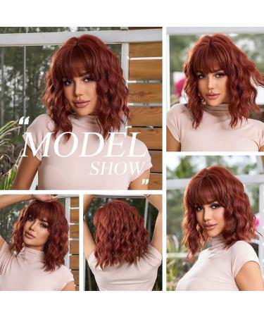 OUFEI Reddish Brown Curly Wig with Bangs | Short Synthetic Heat Resistant Wig for Women - Ideal for Daily Wear, Parties, and Cosplay - Buy Online on GoSupps.com