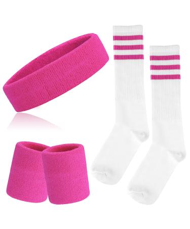 Onupgo 5-part striped welding tape and sock set striped headband welding straps striped high socks for men women sports and 80s party pink/white/pink