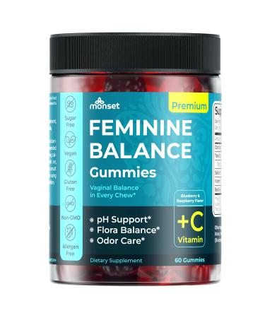 MONSET Feminine Balance Gummies for Women Vaginal Probiotics for Women pH Balance & Odor Control 60ct Prebiotics and Probiotics for Womens Berry Flavor Vaginal Health Supplement