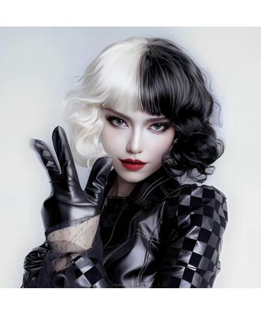 Cruella Deville Wigs Black and White Wigs Short Curly Wig & Wig Cap Wavy Curly Wigs Halloween Cosplay Party Wig for Women Men Halloween Decoration Cosplay supplies