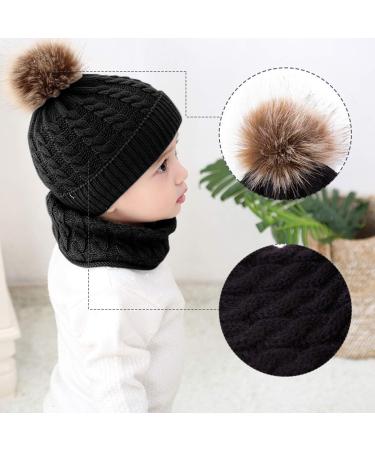 CheChury Toddler Hat and Scarf Set - Baby Warm Knit Pom Beanie Cap with Circle Loop Scarf Neckwarmer 1-3 Years - Black - Buy Online on GoSupps.com