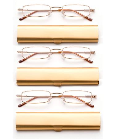 Newbee Fashion-Portable Compact Reading Glasses in Aluminum Case Metal Rectangle Shaped Reading Glasses with Spring Hinge in Case Lightweight Reader Slim Design Comfort fit in Gold 3 Pack+1.75 3 Pack-gold 1.75 x