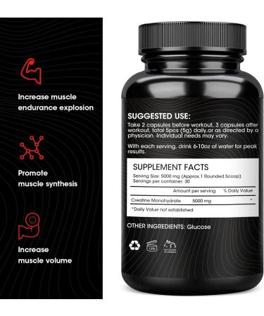 Creatine Monohydrate Capsules 5000MG Unflavored Muscle Strength Supplement | 150 Pills for Energy & Workout Performance | Anti-Fatigue Support for Men & Women - Buy Online on GoSupps.com