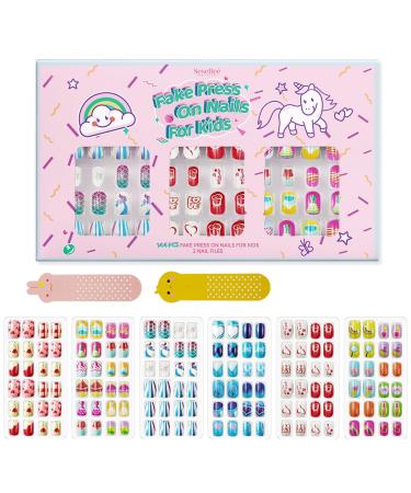 144Pcs Kids Press on Nails Children Girls Press on Short Artificial Fake Nails No fading Stable Quick Stick on Cute Pre Glue Full Cover Acrylic Nail Tip Kit Gift for Kids Nail Decoration (Fruit) Fruits