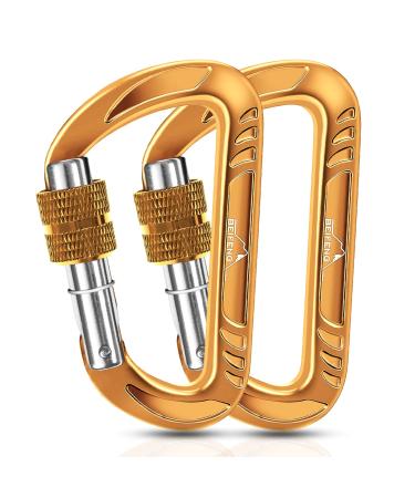 BEIFENG Heavy Duty Lightweight Locking Carabiner Clips 12KN D Ring for Camping Hiking Outdoor Gym etc, Carabiner with Lock Small Carabiners for Dog Leash & Harness Gold-2Pcs