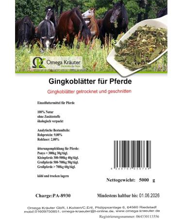 Omega Herbs Ginkgo Leaves for Horses - 5000g Premium Dried Cut Herbs for International Shipping - Buy Online on GoSupps.com