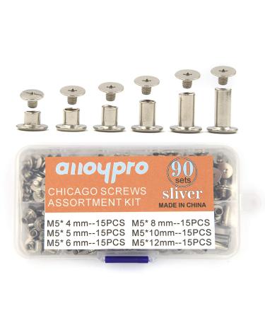 90 Sets Chicago screws Assorted Kit 6 Sizes Silvery Leather Rivets 3/16(5mm)Screw Rivets Phillip Head Book Binding Posts Nail Rivet Chicago Bolts for DIY Leather Craft Bookbinding (5 x 4 5 6 8 10 12)
