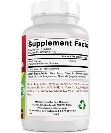 Best Naturals DMAE Supplement 250 mg - 180 Capsules | Dimethylaminoethanol Bitartrate for Cognitive Support & Focus - Buy Online on GoSupps.com