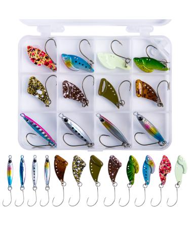 Goture Fishing Lures Fishing Spoons,Hard Lures Saltwater Spoon Lures Casting Spoon/Ice Fishing  Jigs for Trout Bass Pike Walleye Crappie Bluegill 1/10oz 1/8oz 1/7oz 1/6oz 1/5oz E-3 Patterns-12pcs 12pcs fishing spoons with tackle box